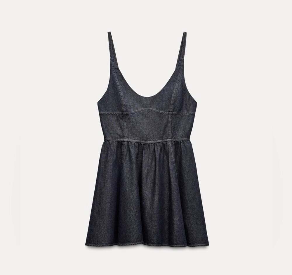 Zara Dark Blue Denim Strappy V-Neck Ruffle Hem Mini Dress
